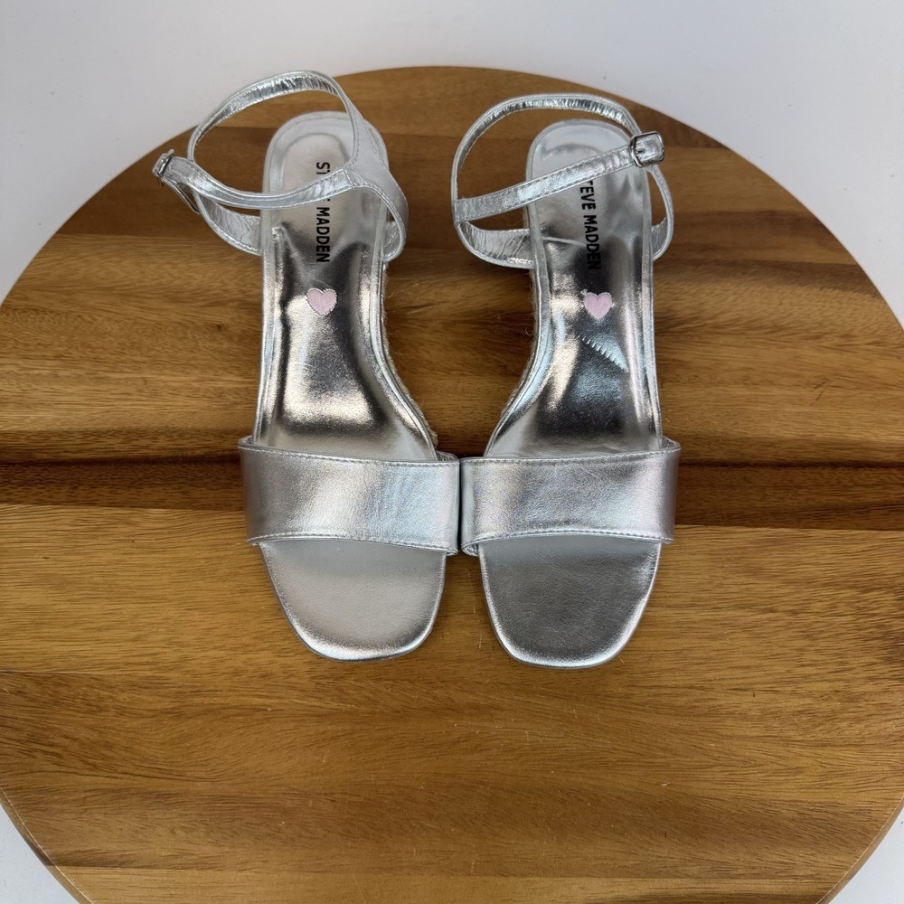 New Big Kids Steve Madden JLastly Silver Espadrille Wedge Sandals Size 5 Y‎ NWOB
